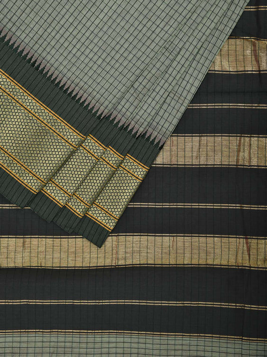 Sea Green and Dark Green Bamboo Cotton Saree with Checks Design No Blouse bc0748