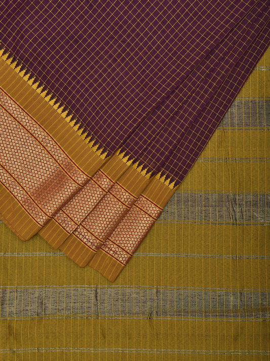 Wine and Olive Bamboo Cotton Saree with Checks Design No Blouse bc0749