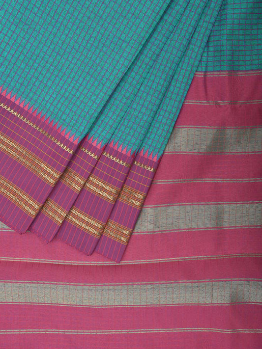 Teal and Pink Bamboo Cotton Viscose Silk Saree with Checks Design No Blouse bc0750