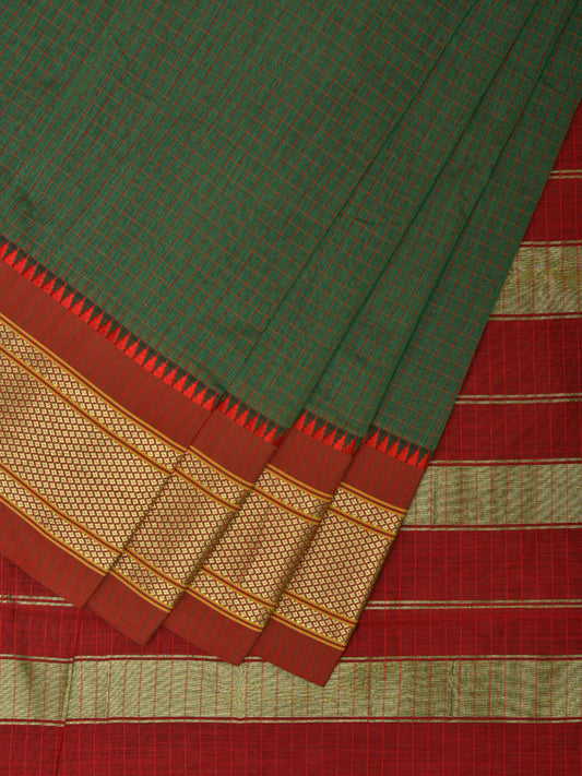 Dark Green and Red Bamboo Cotton Saree with Checks Design No Blouse bc0751