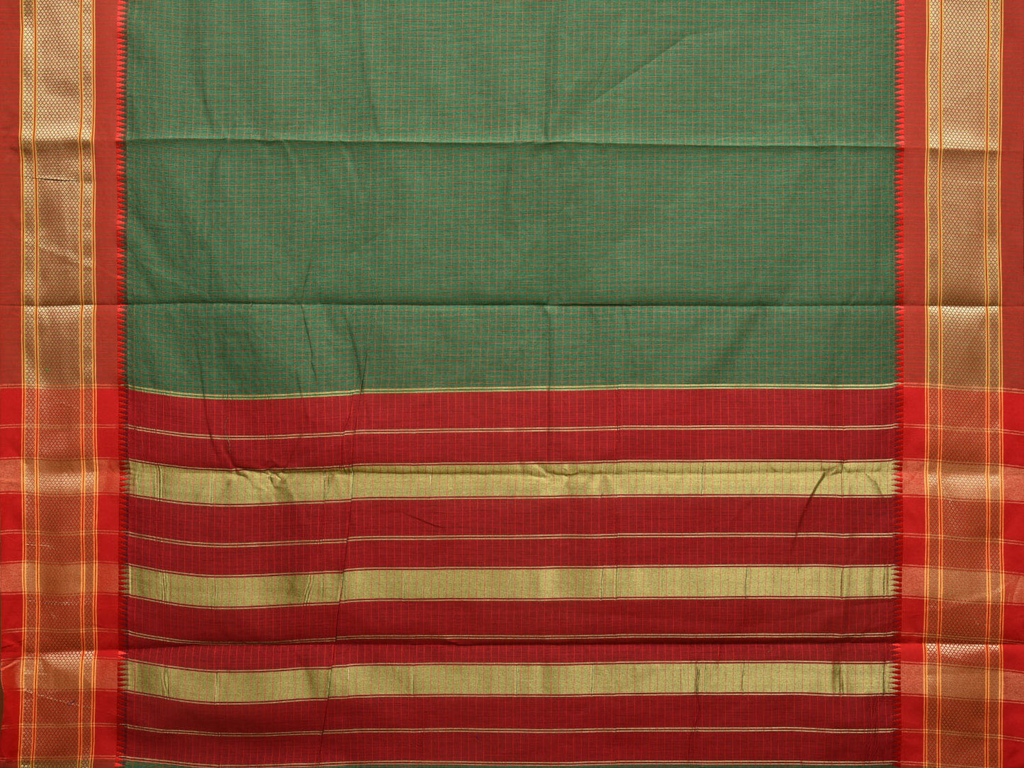 Dark Green and Red Bamboo Cotton Saree with Checks Design No Blouse bc0751