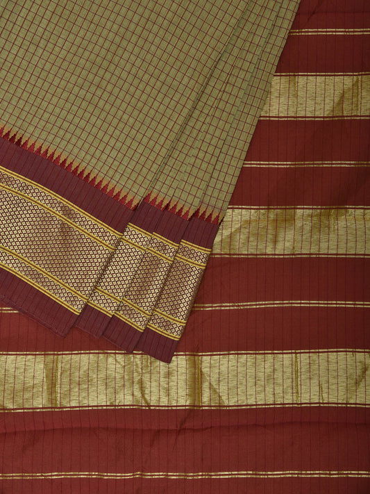 Light Olive and Red Bamboo Cotton Saree with Checks Design No Blouse bc0850