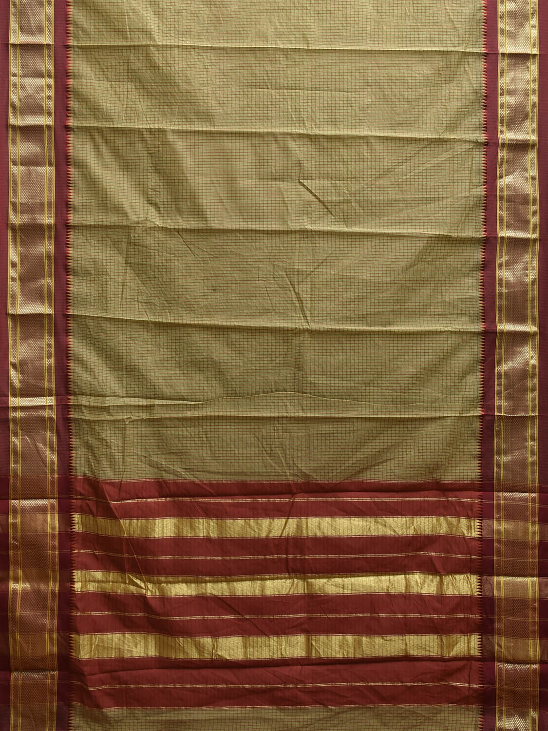 Light Olive and Red Bamboo Cotton Saree with Checks Design No Blouse bc0850