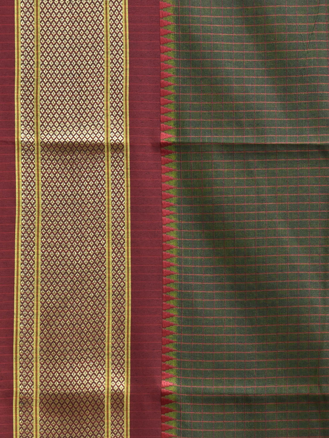 Dark Green and Red Bamboo Cotton Saree with Checks Design No Blouse bc0851