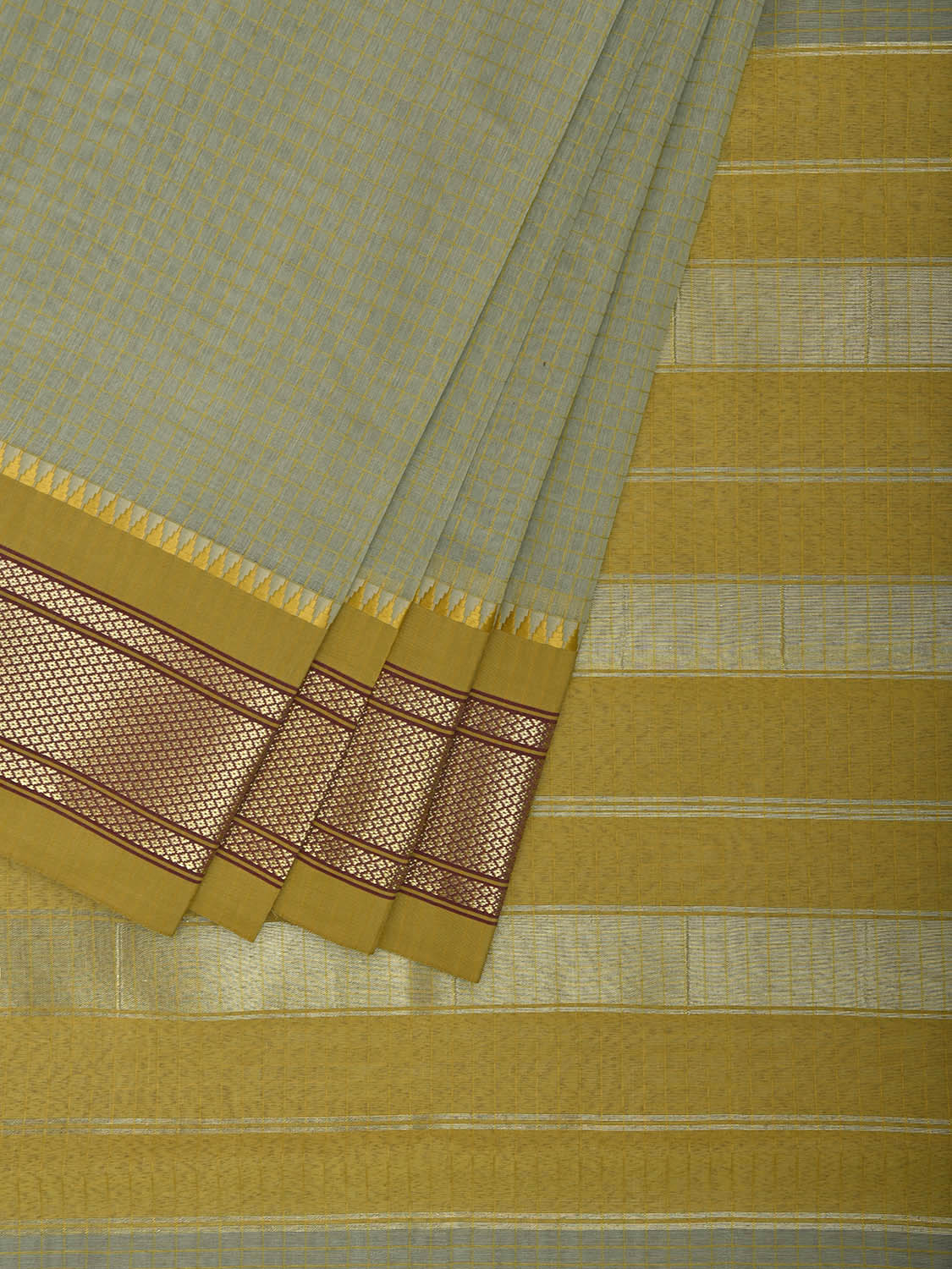 Sea Green and Olive Bamboo Cotton Saree with Checks Design No Blouse bc0852