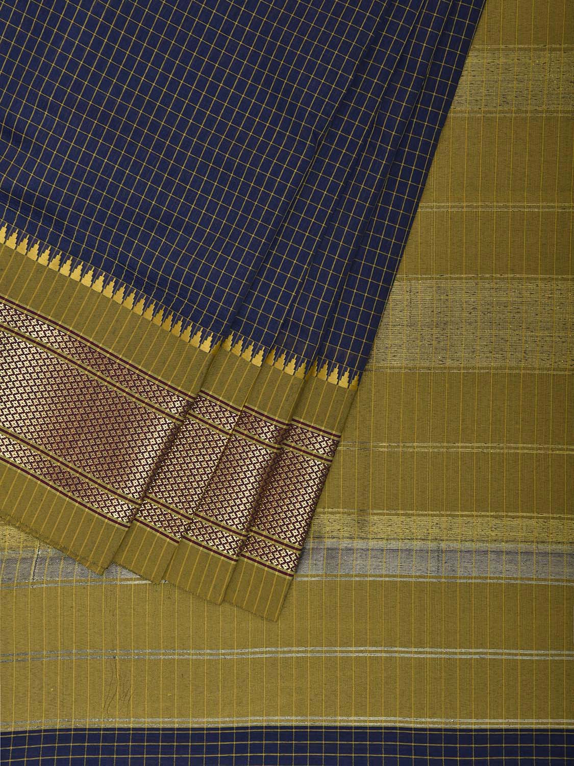 Dark Blue and Olive Bamboo Cotton Saree with Checks Design No Blouse bc0853