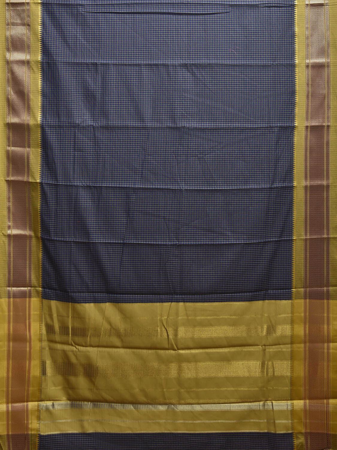 Dark Blue and Olive Bamboo Cotton Saree with Checks Design No Blouse bc0853