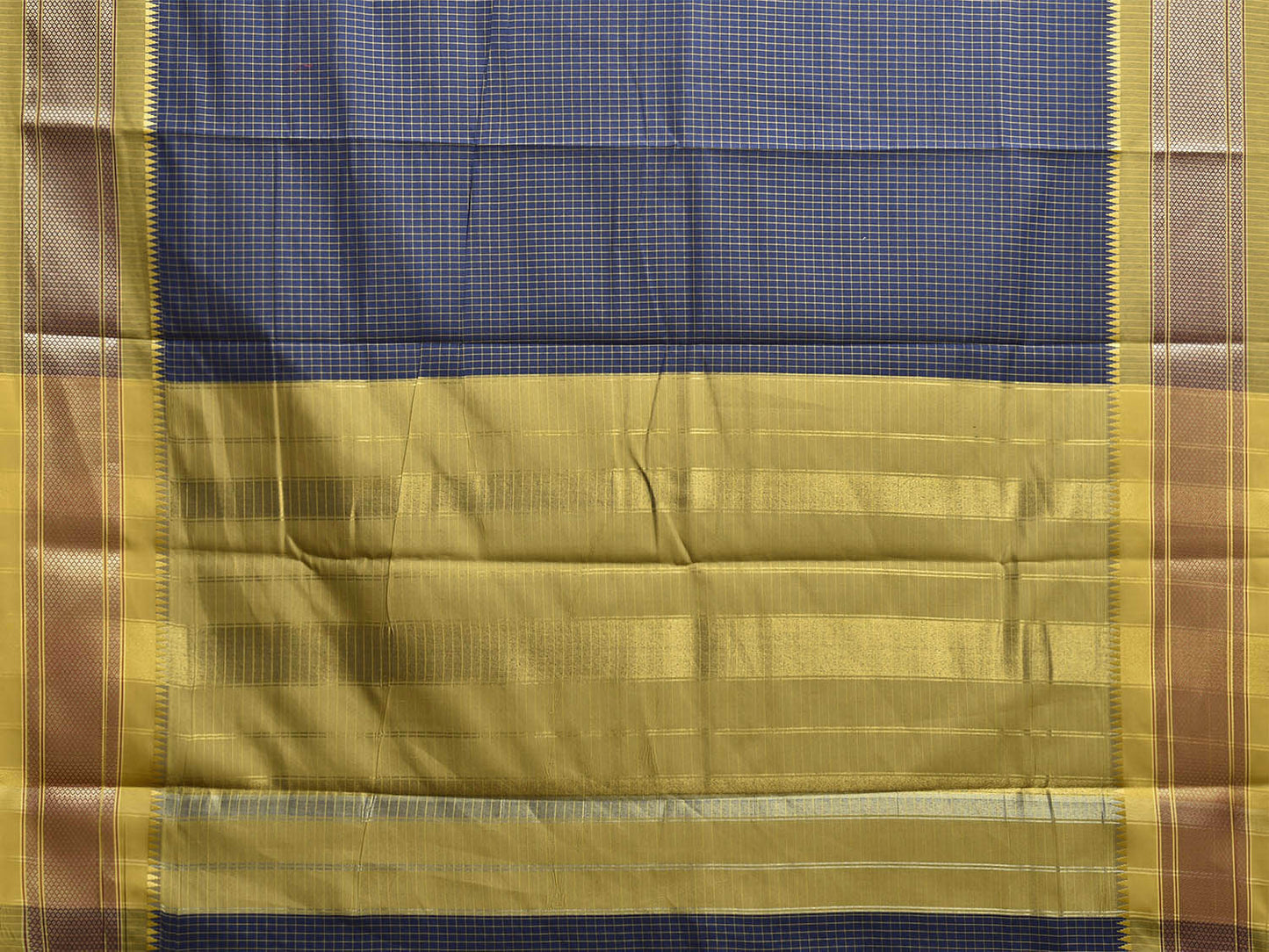 Dark Blue and Olive Bamboo Cotton Saree with Checks Design No Blouse bc0853