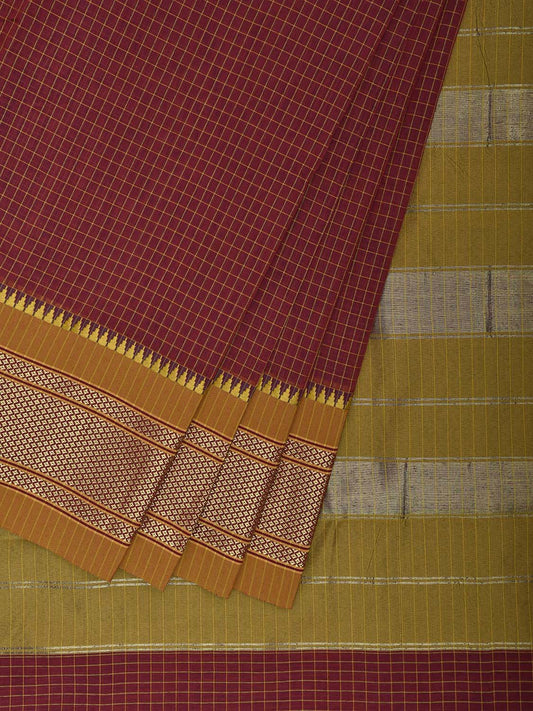 Burgundy and Olive Bamboo Cotton Saree with Checks Design No Blouse bc0854