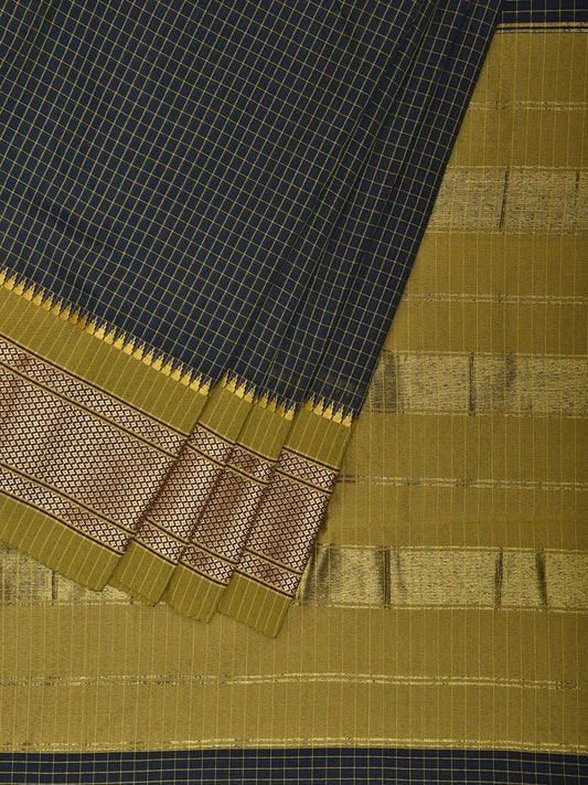 Teal and Olive Bamboo Cotton Saree with Checks Design No Blouse bc0855