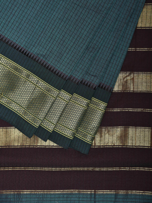 Teal and Green Bamboo Cotton Saree with Checks Design No Blouse bc0857