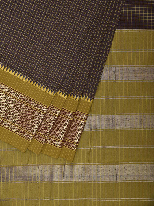 Grey and Olive Bamboo Cotton Saree with Checks Design No Blouse bc0859