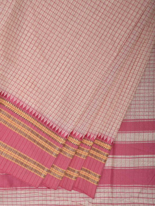 Beige and Pink Bamboo Cotton Saree with Checks Design No Blouse bc0860