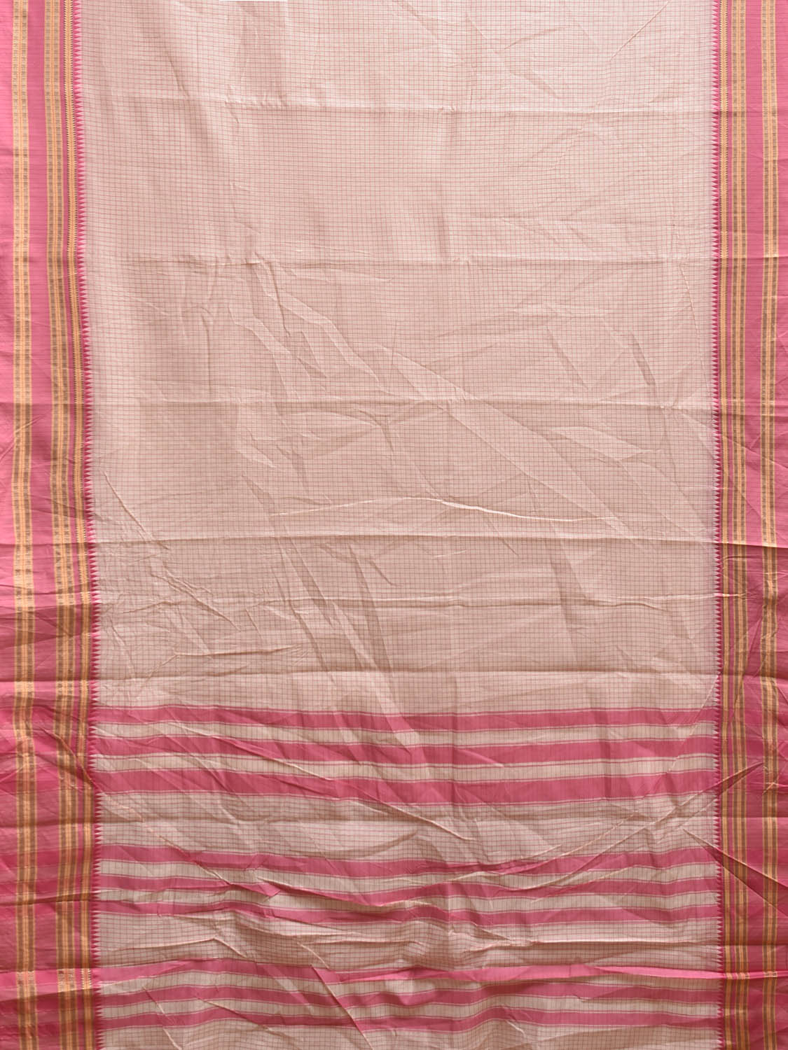 Beige and Pink Bamboo Cotton Saree with Checks Design No Blouse bc0860
