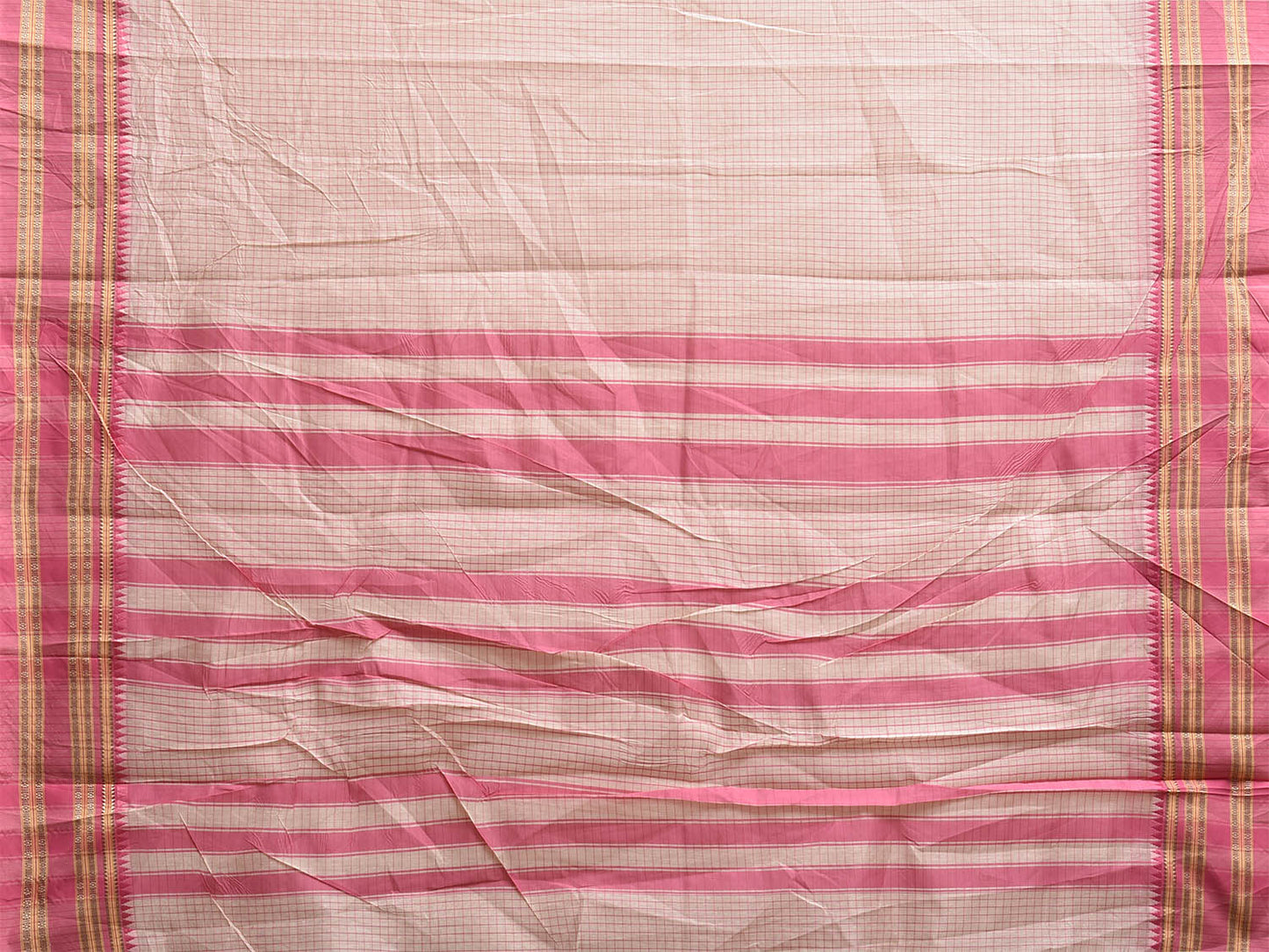 Beige and Pink Bamboo Cotton Saree with Checks Design No Blouse bc0860