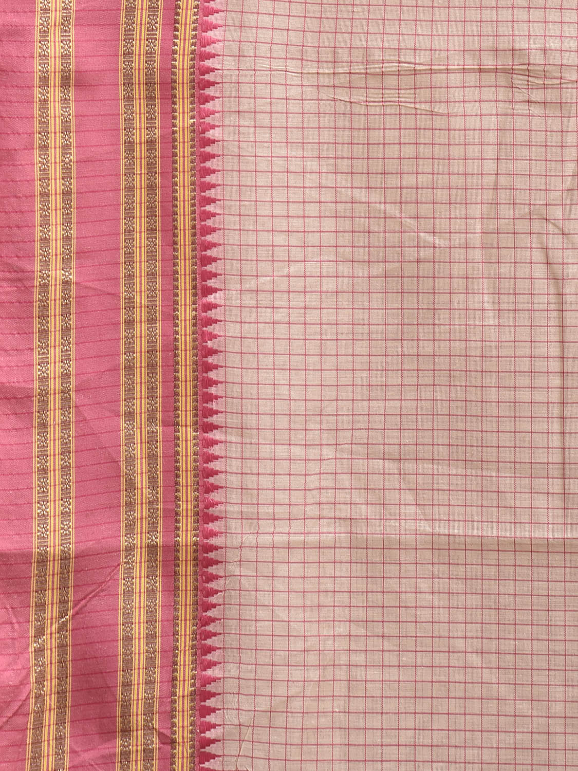 Beige and Pink Bamboo Cotton Saree with Checks Design No Blouse bc0860