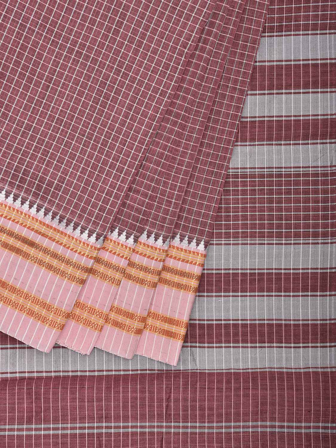 Light Burgundy and White Bamboo Cotton Saree with Checks Design No Blouse bc0861