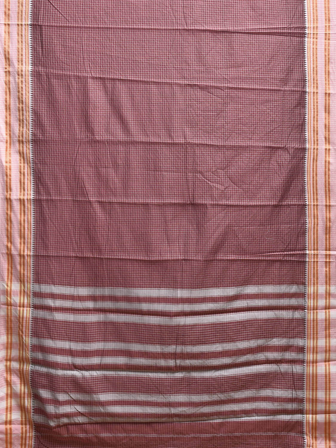 Light Burgundy and White Bamboo Cotton Saree with Checks Design No Blouse bc0861