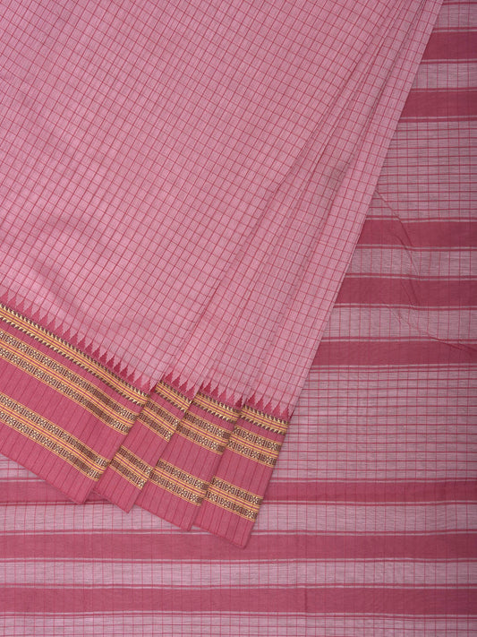 Baby Pink and Pink Bamboo Cotton Saree with Checks Design No Blouse bc0862
