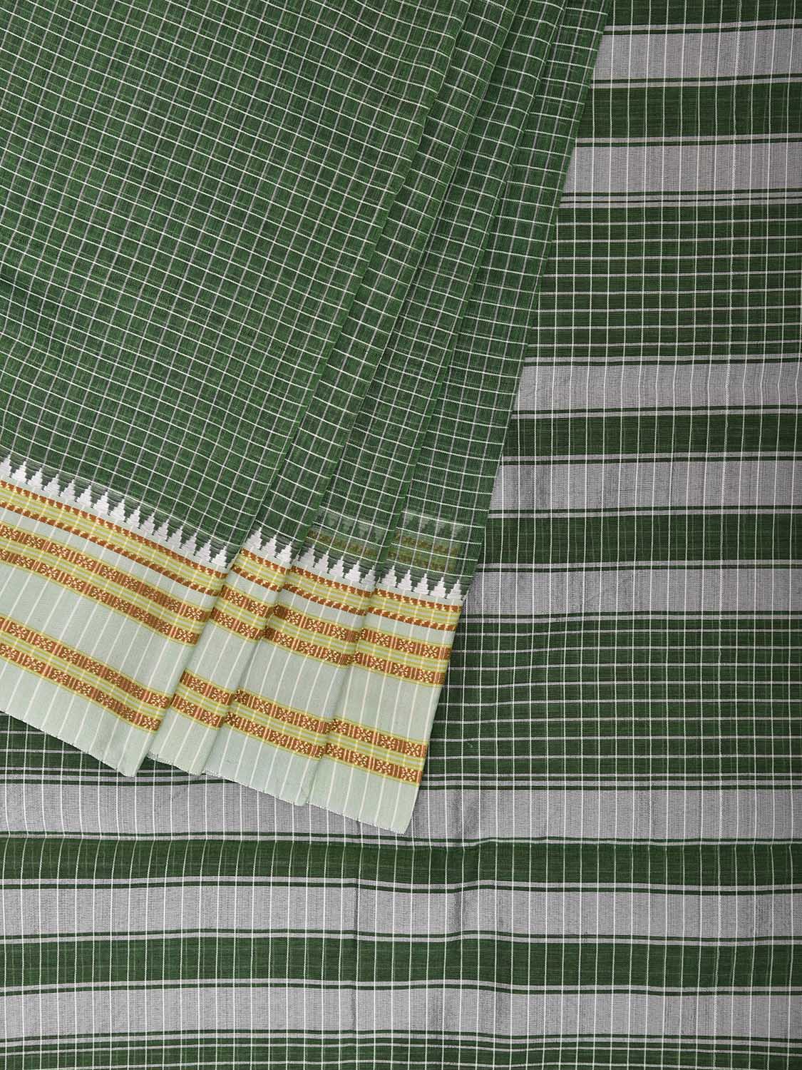 Green and White Bamboo Cotton Saree with Checks Design No Blouse bc0863