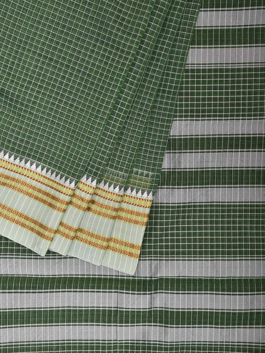 Green and White Bamboo Cotton Saree with Checks Design No Blouse bc0863
