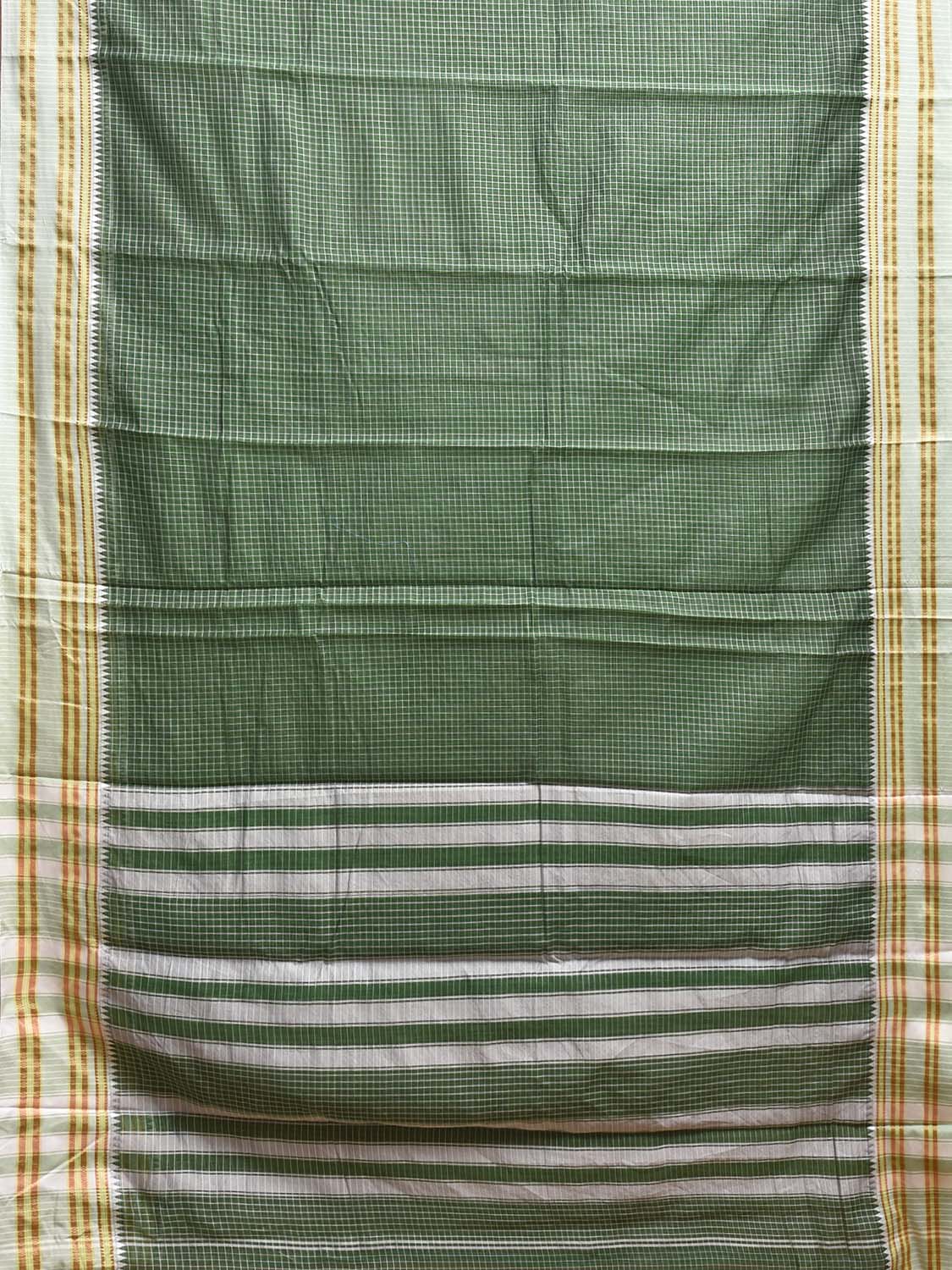 Green and White Bamboo Cotton Saree with Checks Design No Blouse bc0863