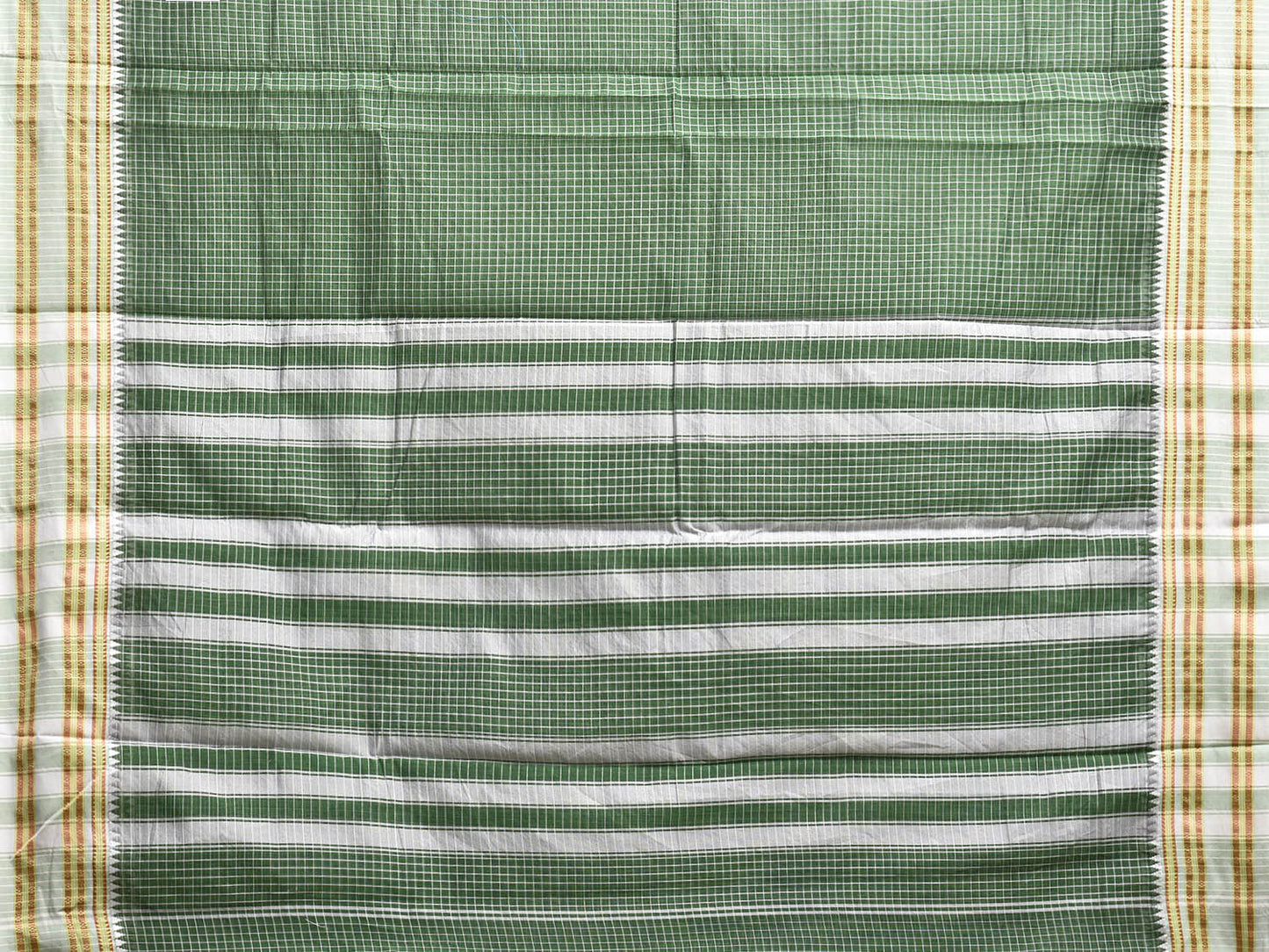 Green and White Bamboo Cotton Saree with Checks Design No Blouse bc0863