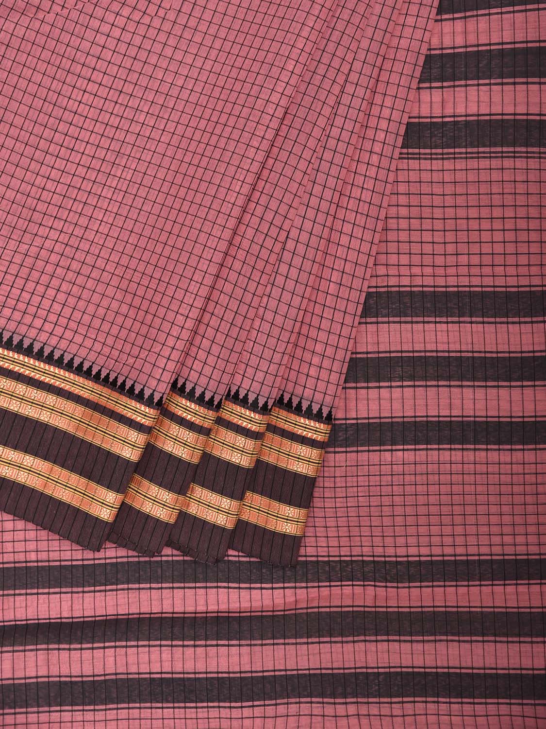 Peach and Black Bamboo Cotton Saree with Checks Design No Blouse bc0865