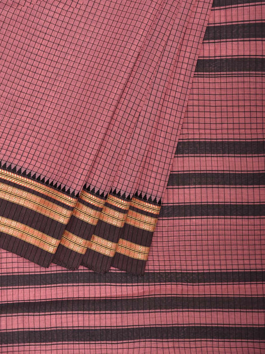 Peach and Black Bamboo Cotton Saree with Checks Design No Blouse bc0865