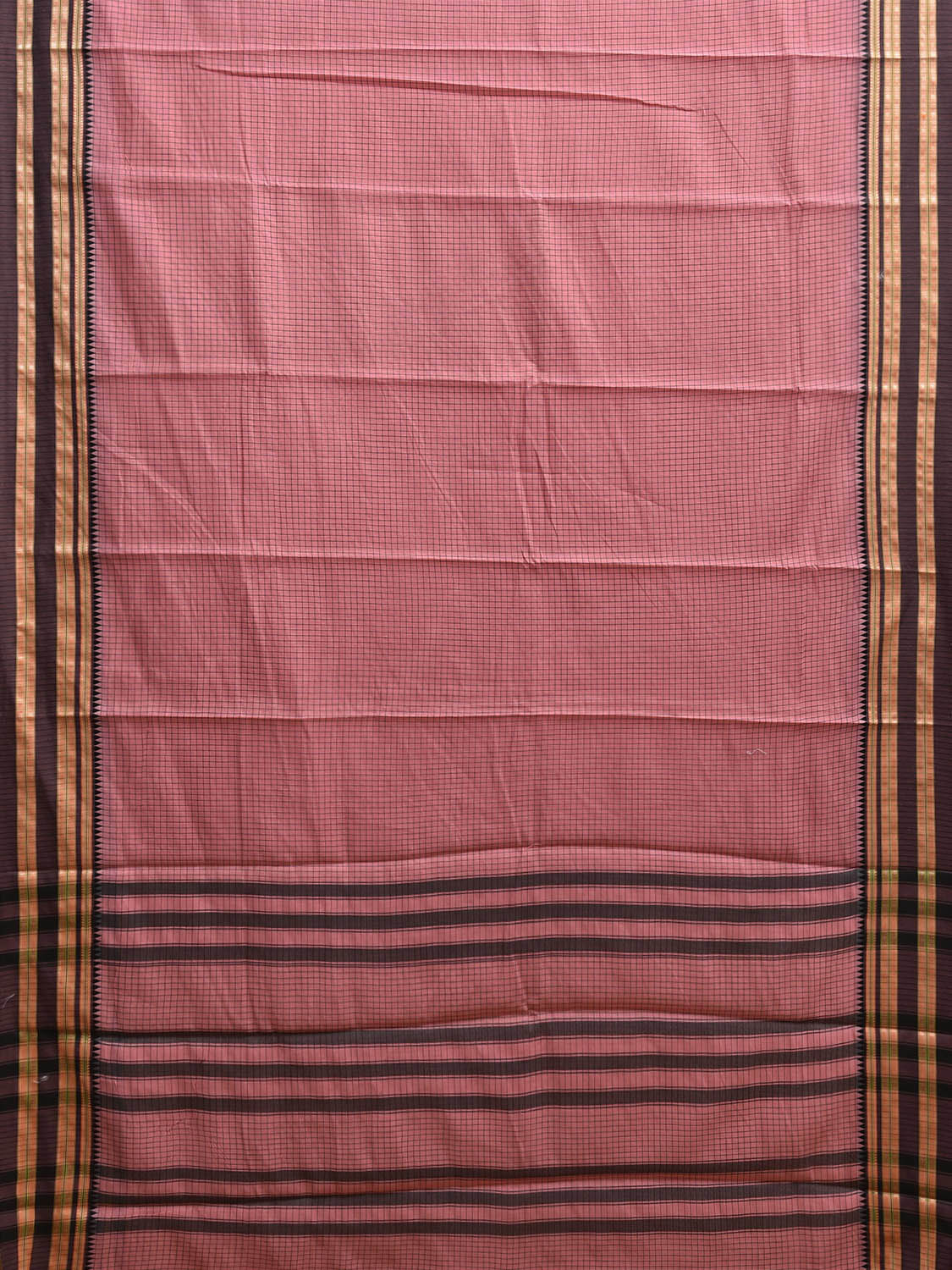 Peach and Black Bamboo Cotton Saree with Checks Design No Blouse bc0865