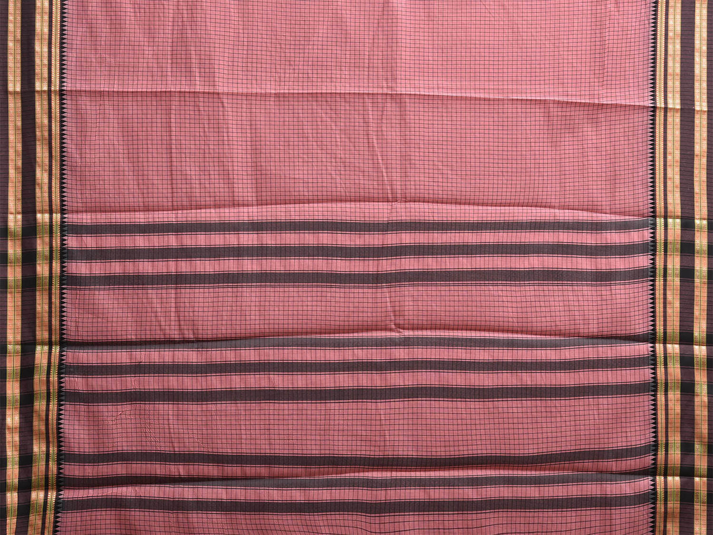 Peach and Black Bamboo Cotton Saree with Checks Design No Blouse bc0865