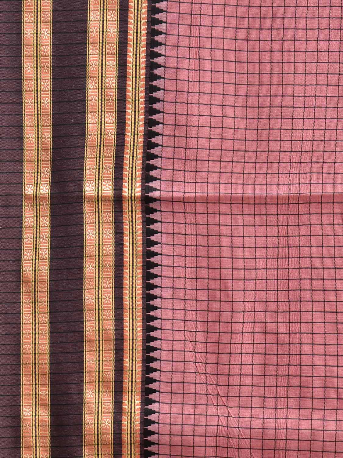 Peach and Black Bamboo Cotton Saree with Checks Design No Blouse bc0865