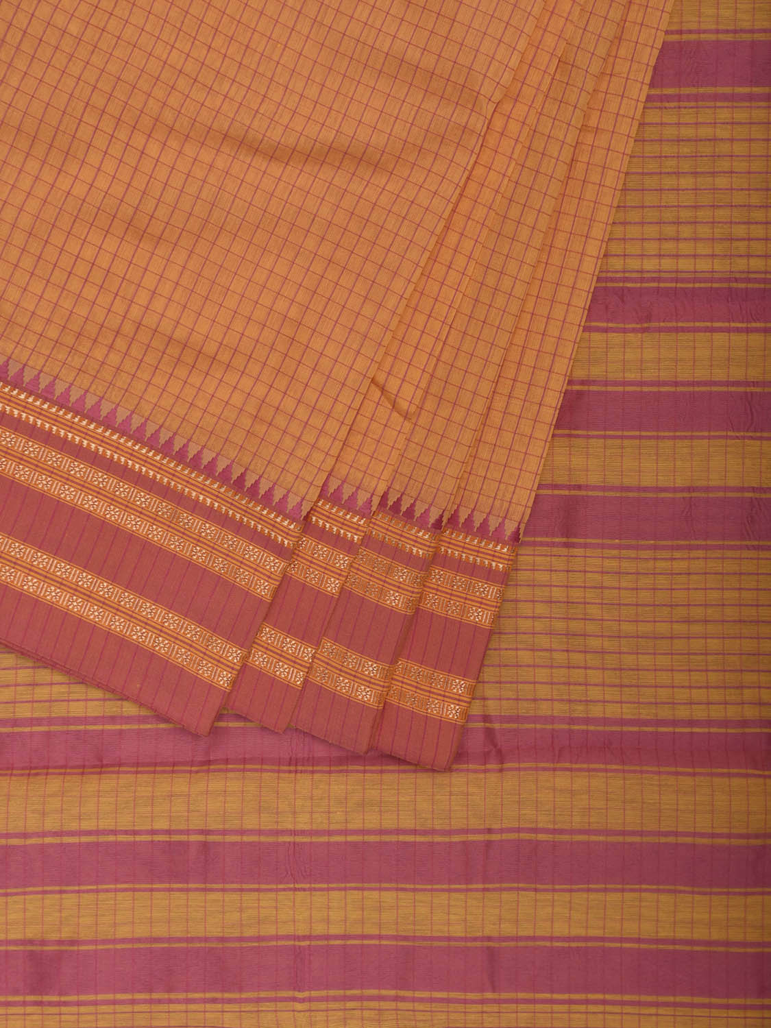 Orange and Pink Bamboo Cotton Saree with Checks Design No Blouse bc0866