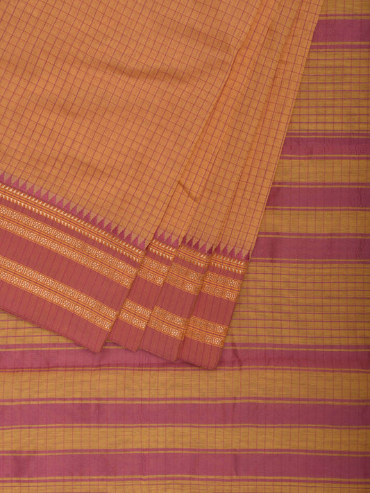 Orange and Pink Bamboo Cotton Saree with Checks Design No Blouse bc0866