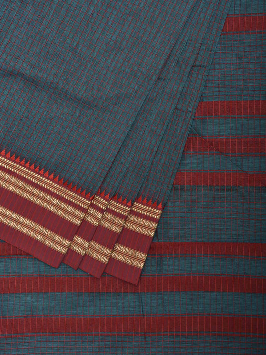 Teal and Red Bamboo Cotton Saree with Checks Design No Blouse bc0867