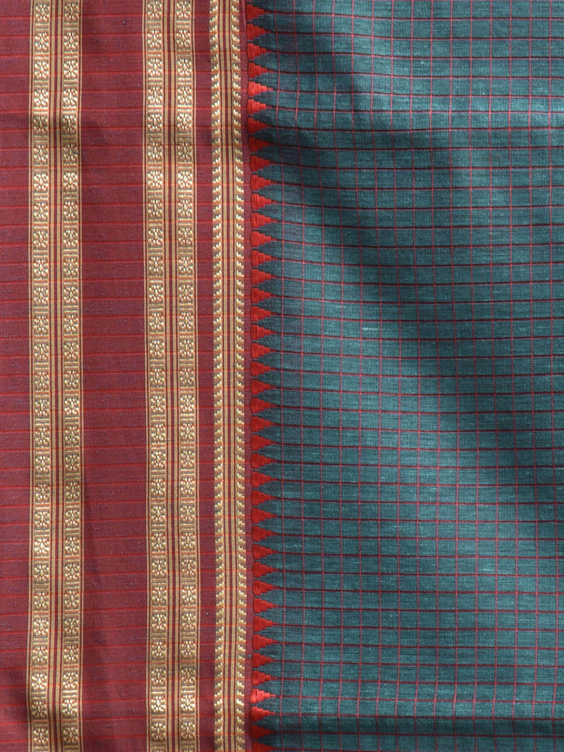 Teal and Red Bamboo Cotton Saree with Checks Design No Blouse bc0867