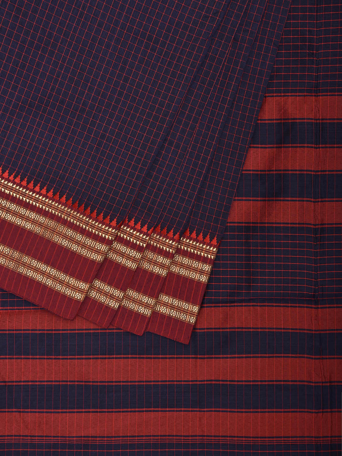 Navy and Red Bamboo Cotton Saree with Checks Design No Blouse bc0868