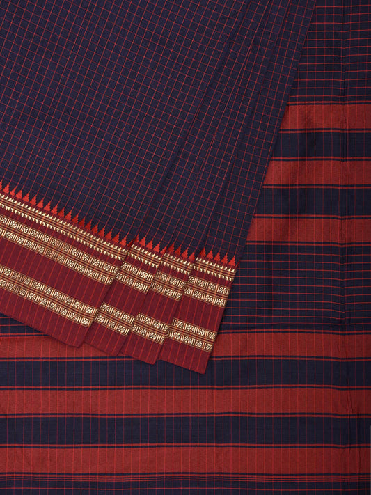Navy and Red Bamboo Cotton Saree with Checks Design No Blouse bc0868