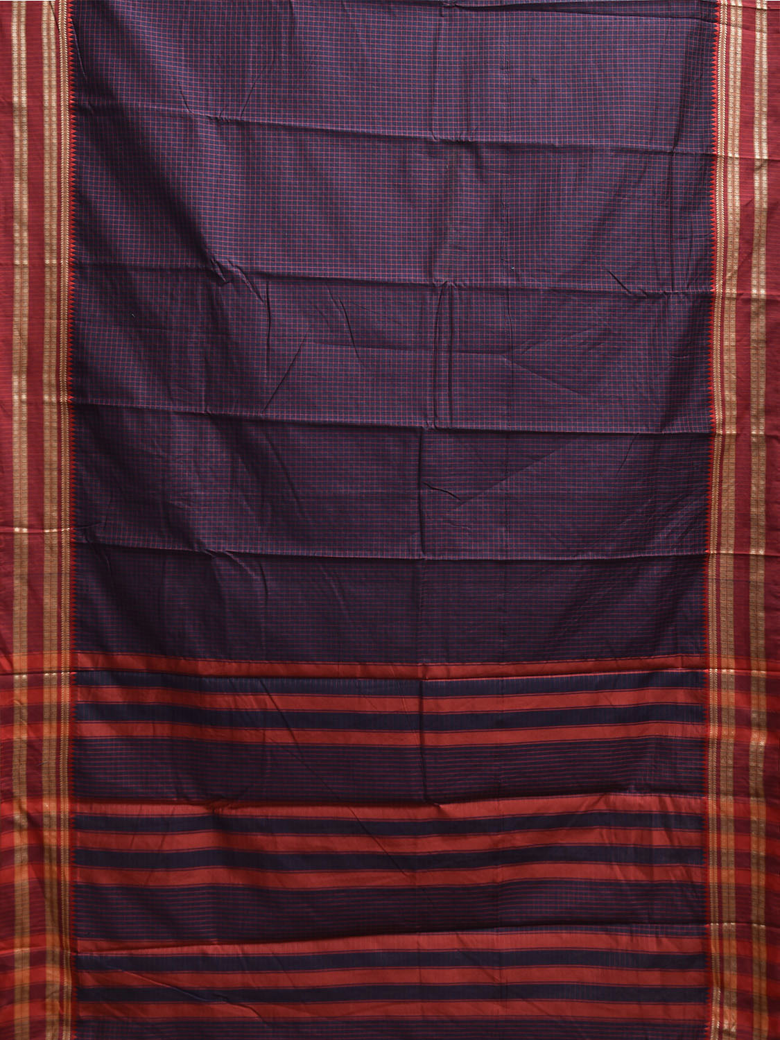 Navy and Red Bamboo Cotton Saree with Checks Design No Blouse bc0868