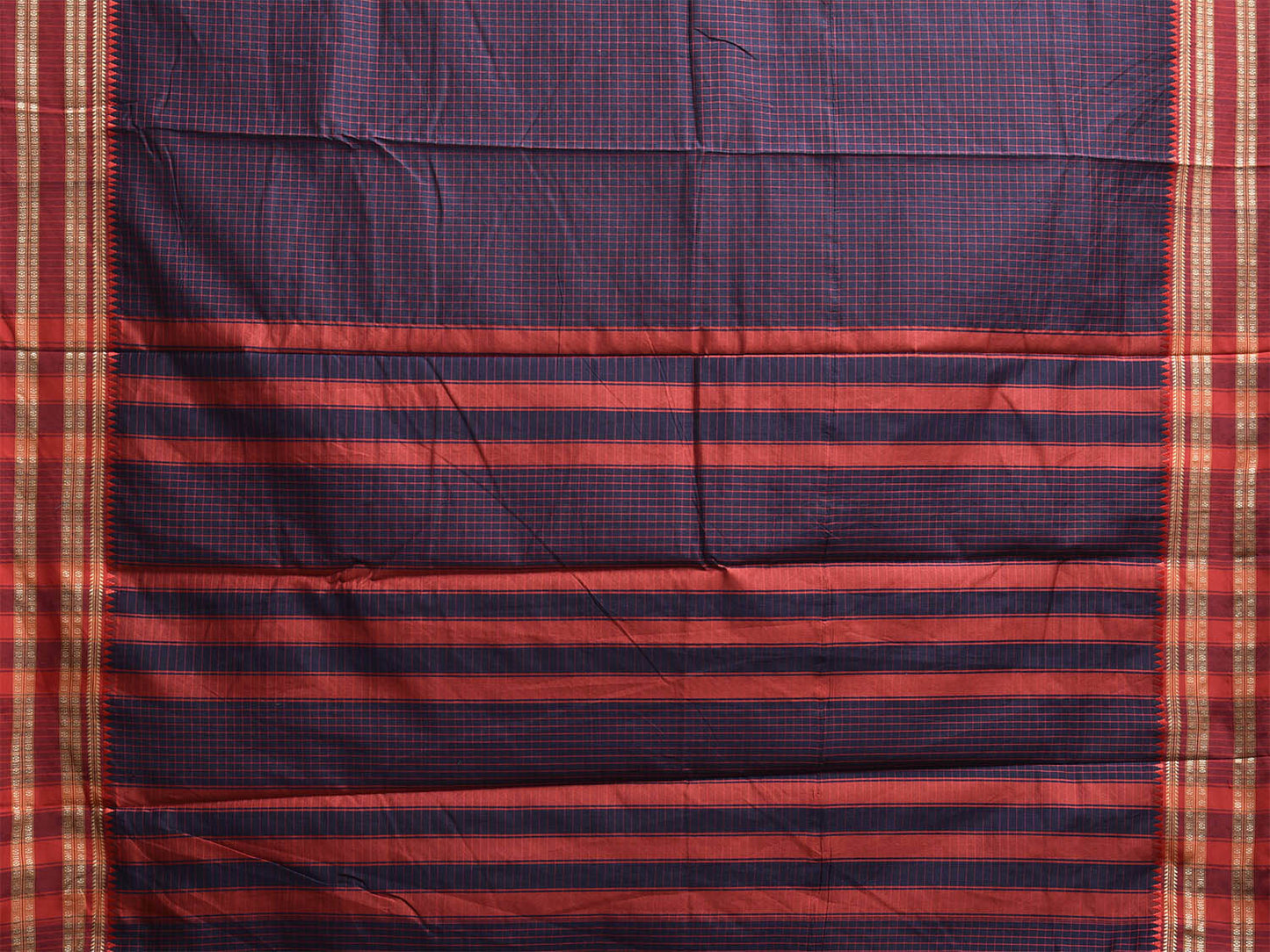 Navy and Red Bamboo Cotton Saree with Checks Design No Blouse bc0868