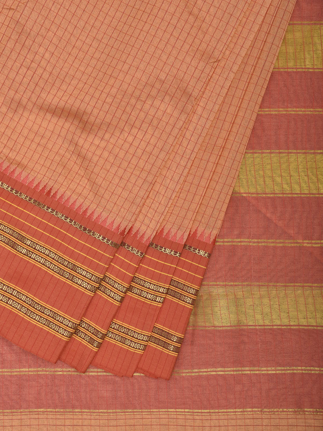 Light Orange and Peach Bamboo Cotton Viscose Silk Saree with Checks Design No Blouse bc0870