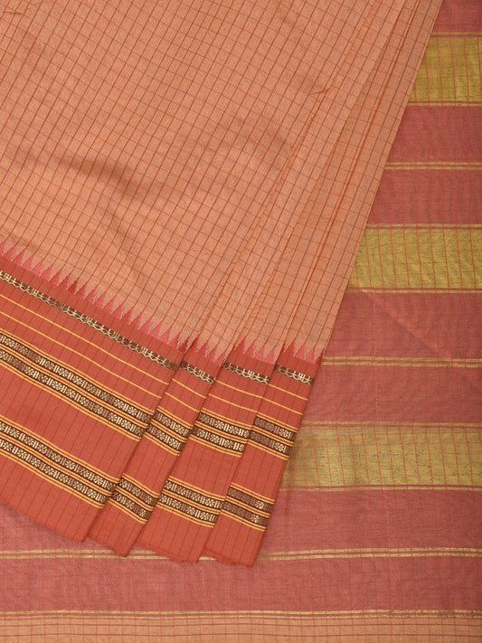 Light Orange and Peach Bamboo Cotton Viscose Silk Saree with Checks Design No Blouse bc0870