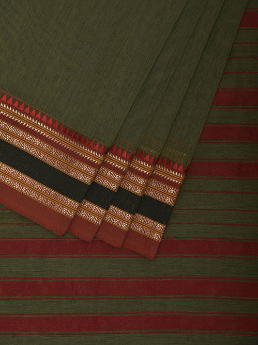 Olive and Red Bamboo Cotton Plain Saree with Strips Pallu Design No Blouse bc0871