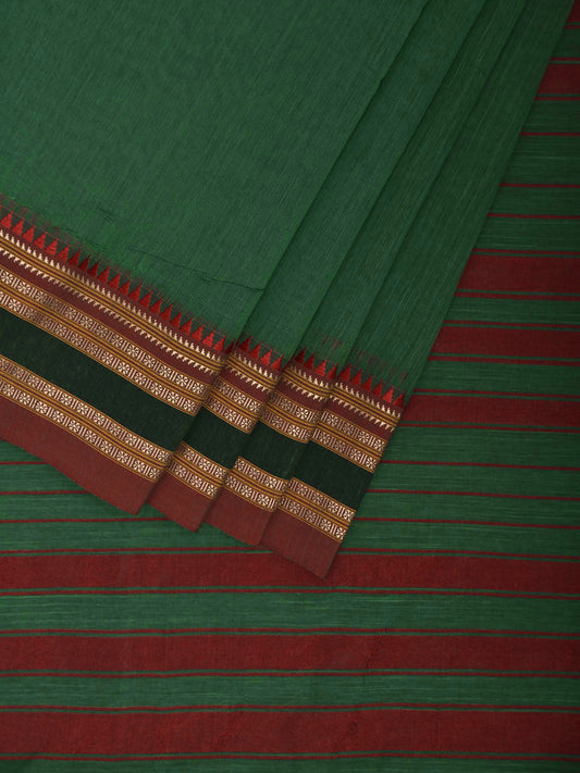 Green and Red Bamboo Cotton Plain Saree with Strips Pallu Design No Blouse bc0873
