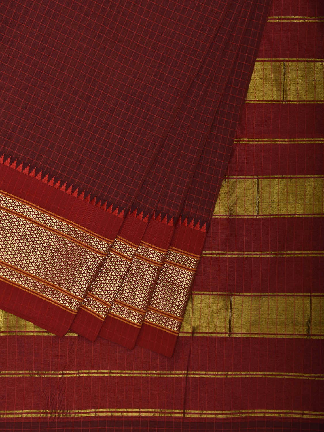Maroon and Red Bamboo Cotton Saree with Checks Design No Blouse bc0874