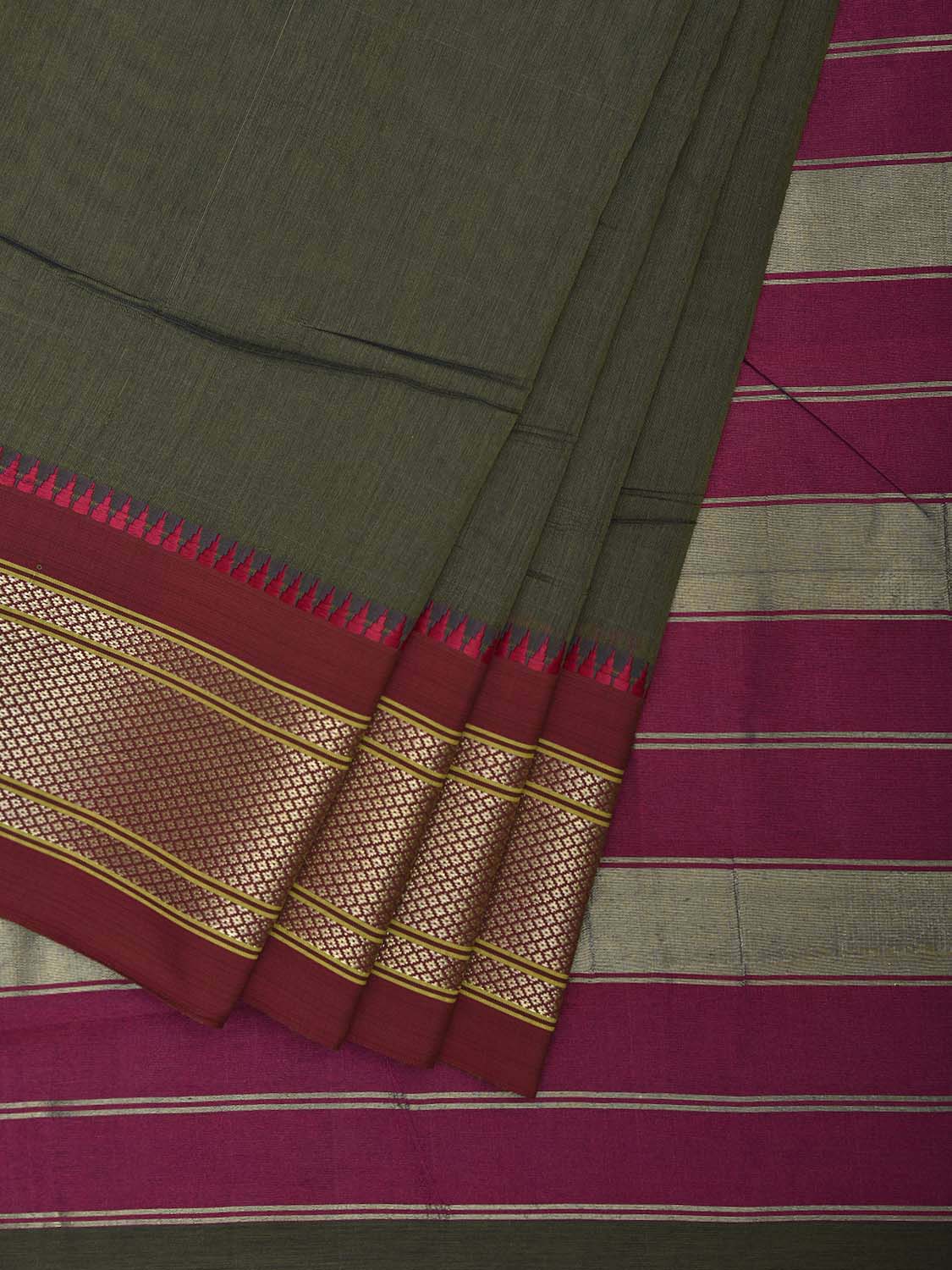 Dark Green and Pink Bamboo Cotton Plain Saree with Contrast Pallu Design No Blouse bc0877