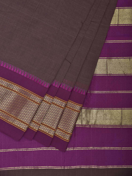Dark Brown and Purple Bamboo Cotton Plain Saree with Contrast Pallu Design No Blouse bc0878