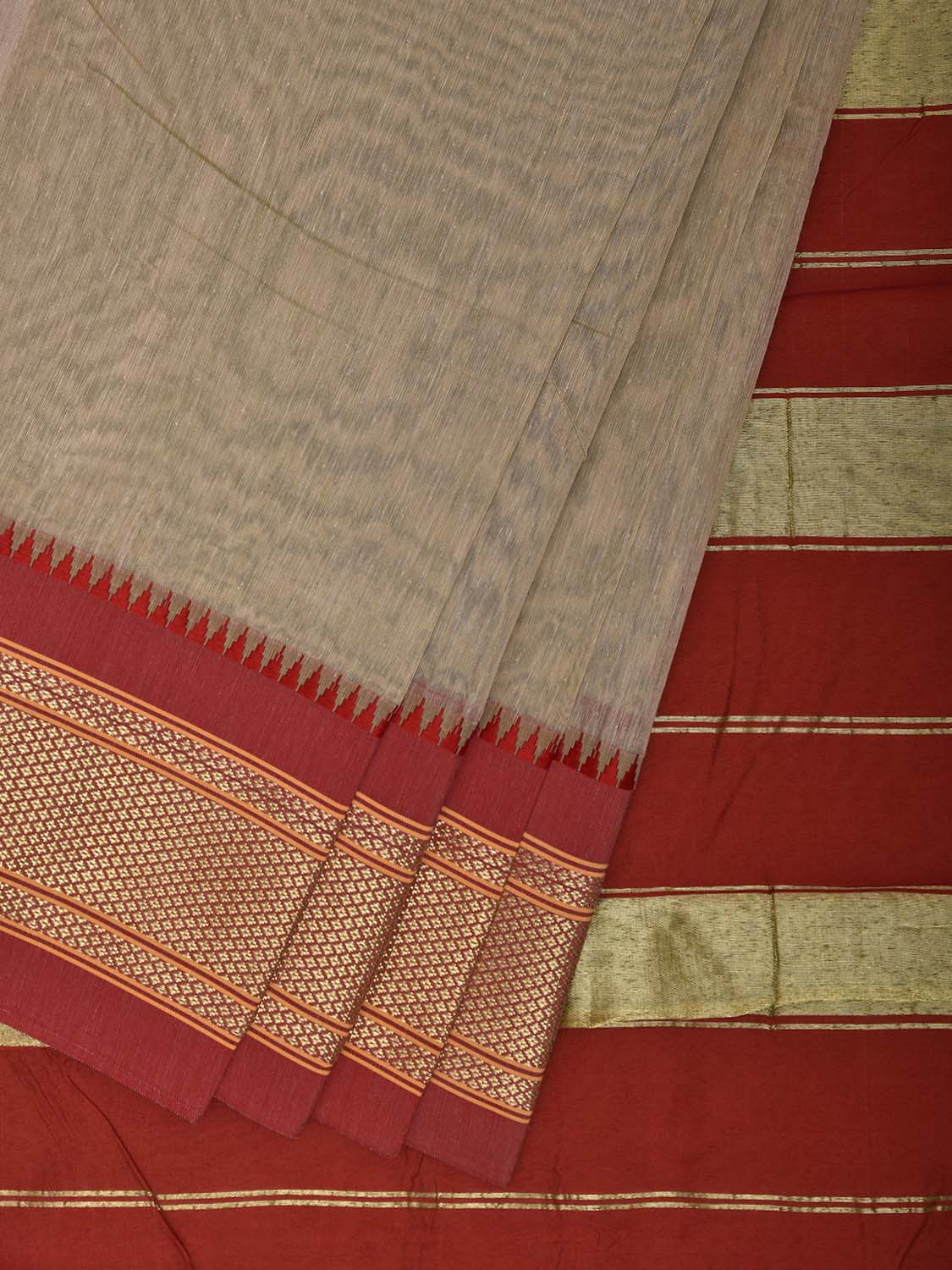 Cream and Red Bamboo Cotton Plain Saree with Contrast Pallu Design No Blouse bc0879