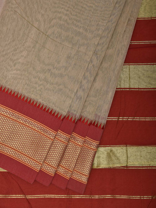 Cream and Red Bamboo Cotton Plain Saree with Contrast Pallu Design No Blouse bc0879