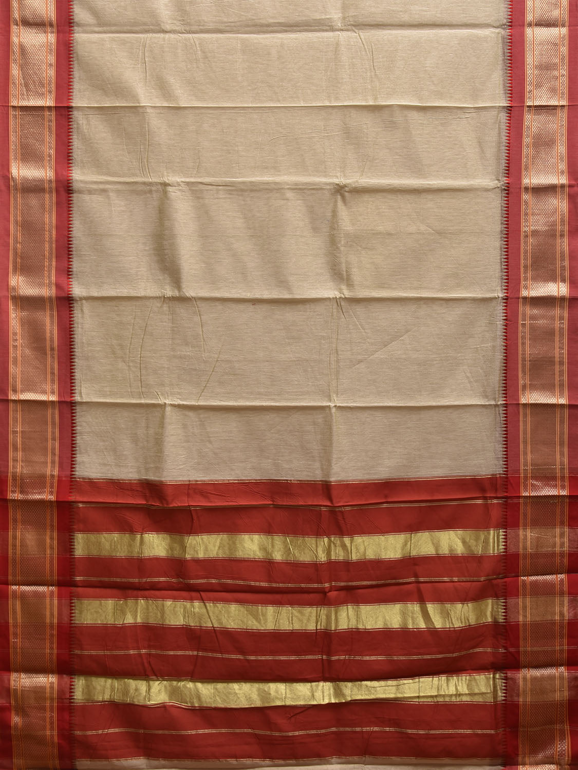 Cream and Red Bamboo Cotton Plain Saree with Contrast Pallu Design No Blouse bc0879